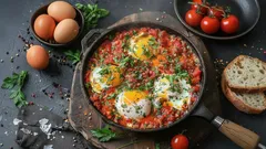 Helppo ohje herkulliseen aamiaiseen munien ja tomaattikastikkeen kera